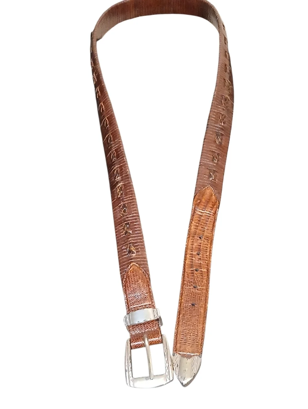 Brighton -Men's Brown Leather Belt, Geometric Pattern Bohemian Type Buckle 40 in